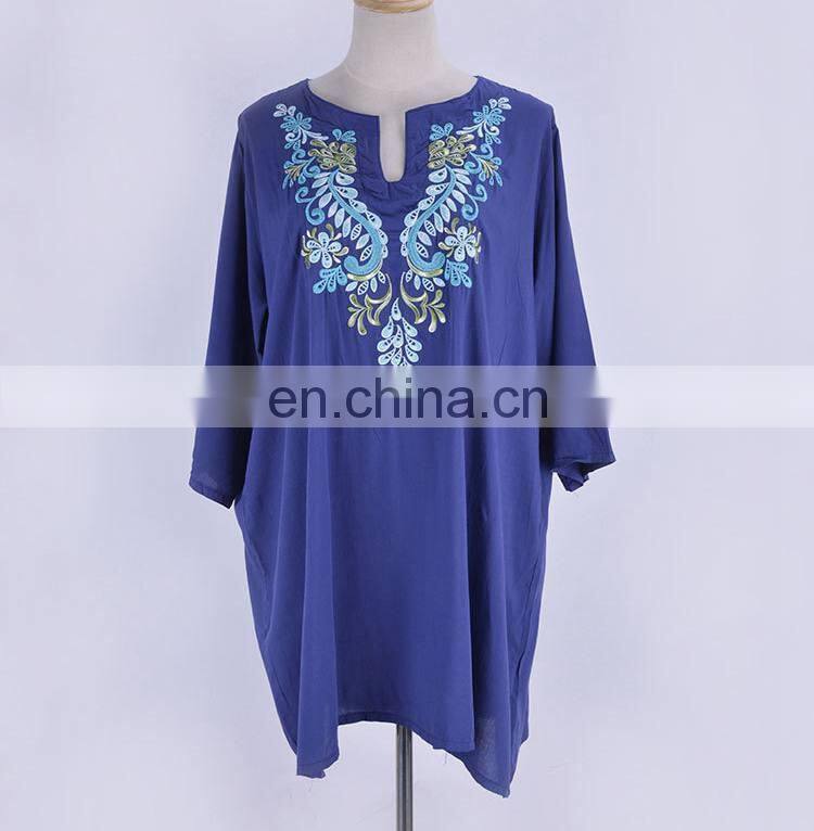 Dark Blue Bohemian Embroidered Three Quarter Sleeve Short Summer Beach Dress Cotton Tunic Women Beachwear Sarong plage