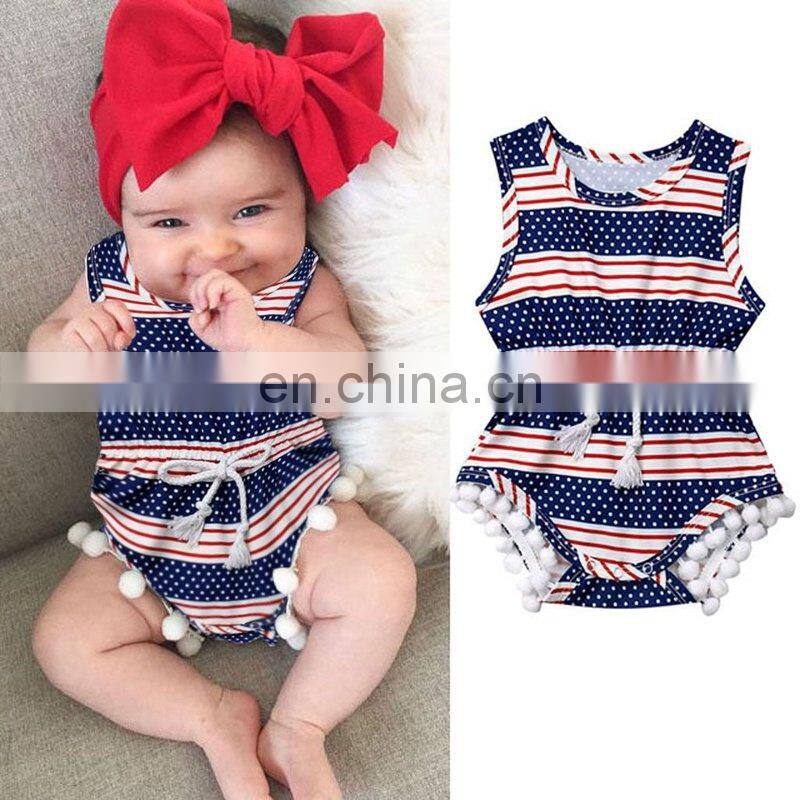 Newborn Baby Girl & Boy Summer Romper Clothes Infant Baby Girls Dot Striped Romper Tassel Romper Clothes JULY 4TH