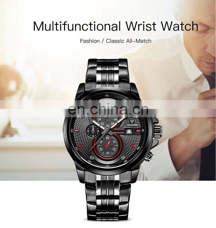 CADISEN 9054 Classic black metal stainless steel strap day showed quartz analog waterproof fashion watch man