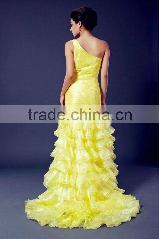 2013 Nes Style One Shoulder Top Layered Mermaid Gold Evening Dress
