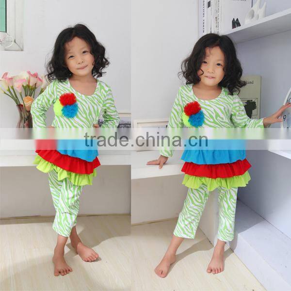 Lovely Girl Boutique Stripe Long Sleeve Baby Ruffle Top and Pant Outfits Wholesale Children Clothing Set 2016