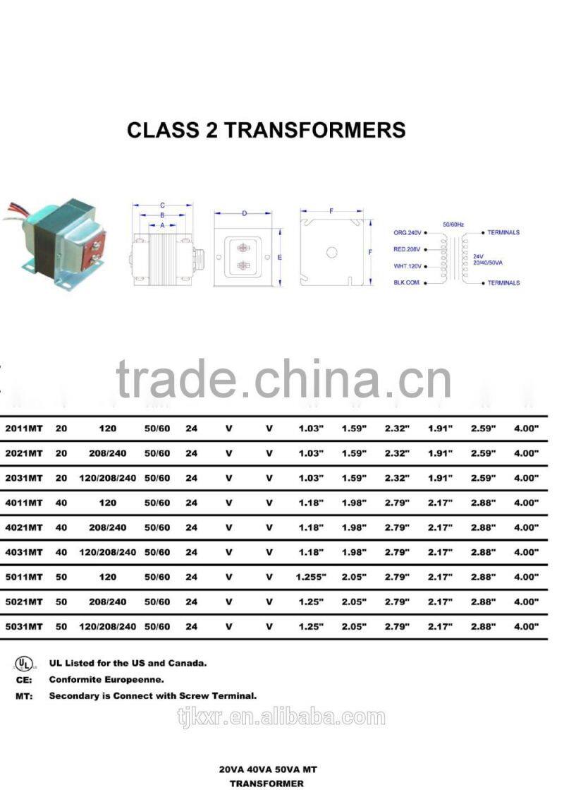20VA class 2 transformer UL CUL , with 2-year product warranty and life insurance liability