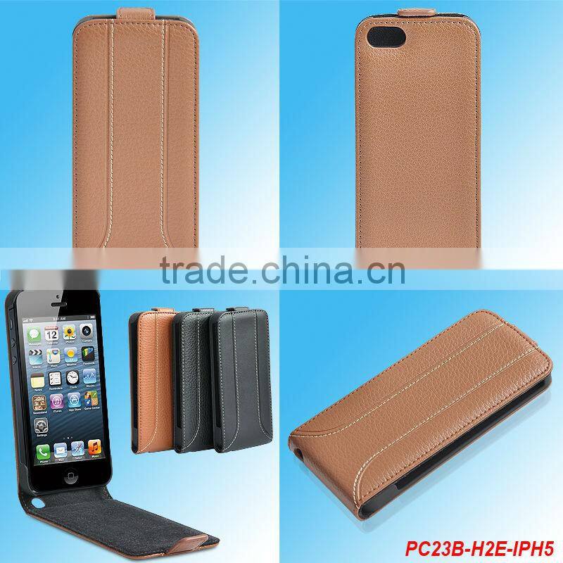 for iPhone 5 brown color real leather flip Case
