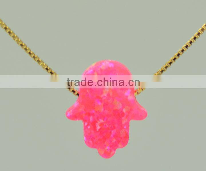 Fashion 11x13mm OP55 Gold Plating sterling silver pink synthetic opal hamsa halskette