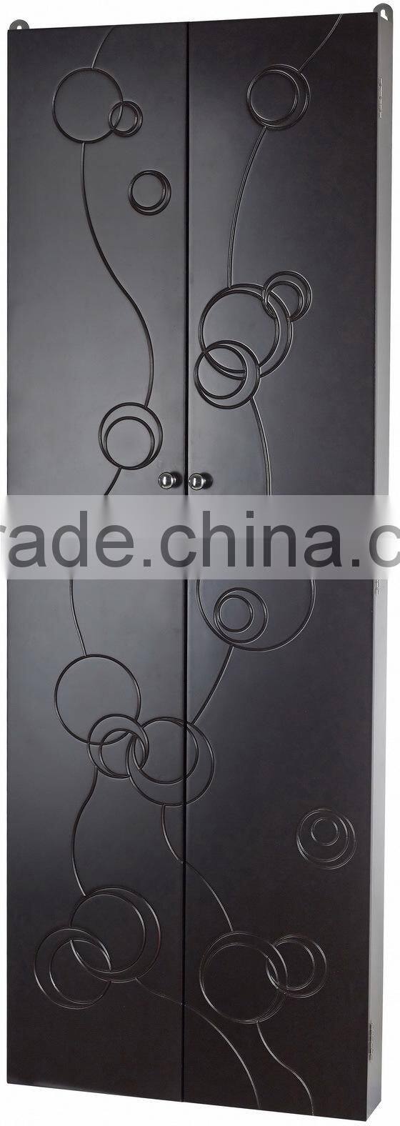 Wall Mounted Wooden Mirrored Jewelry Cabinet with Dressing Mirror inside and Carved Pattern on Two Doors Vintage Antique Designs