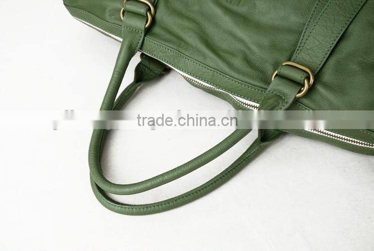 Green genuine leather handle bag travel kit bag customised women tote bag