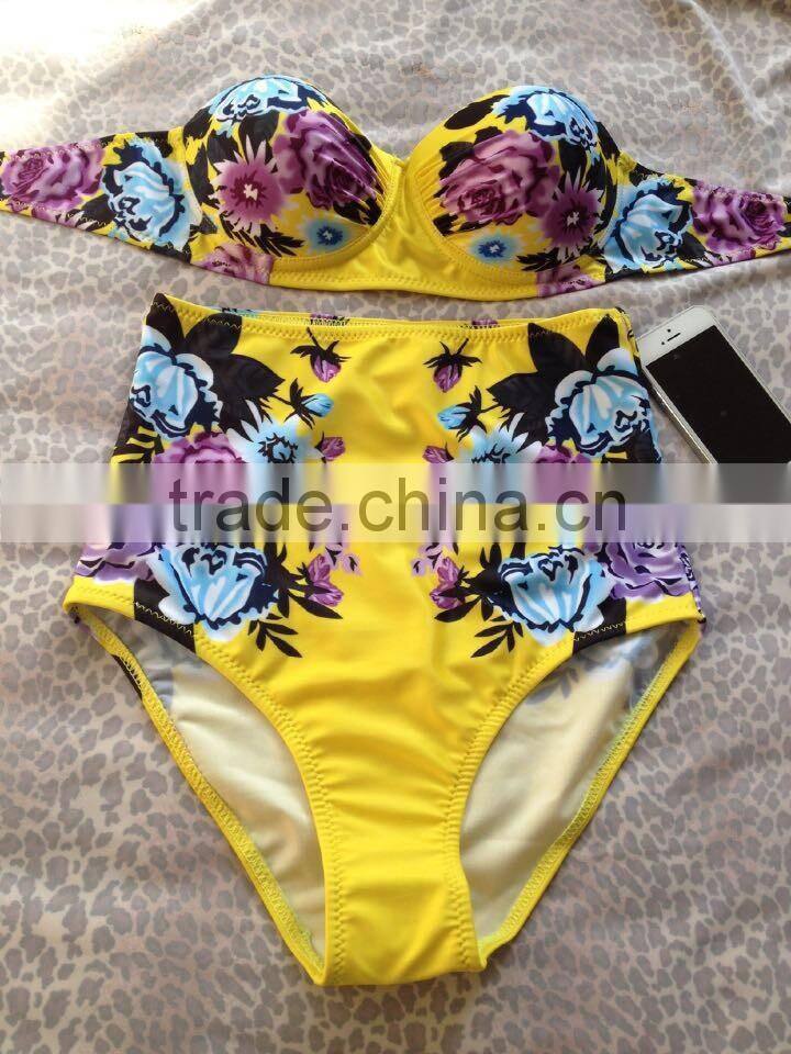 T1164 New Fashion and good quality women sexy beach wear high waist swimwear 2015 new style printed sexy bikini sets