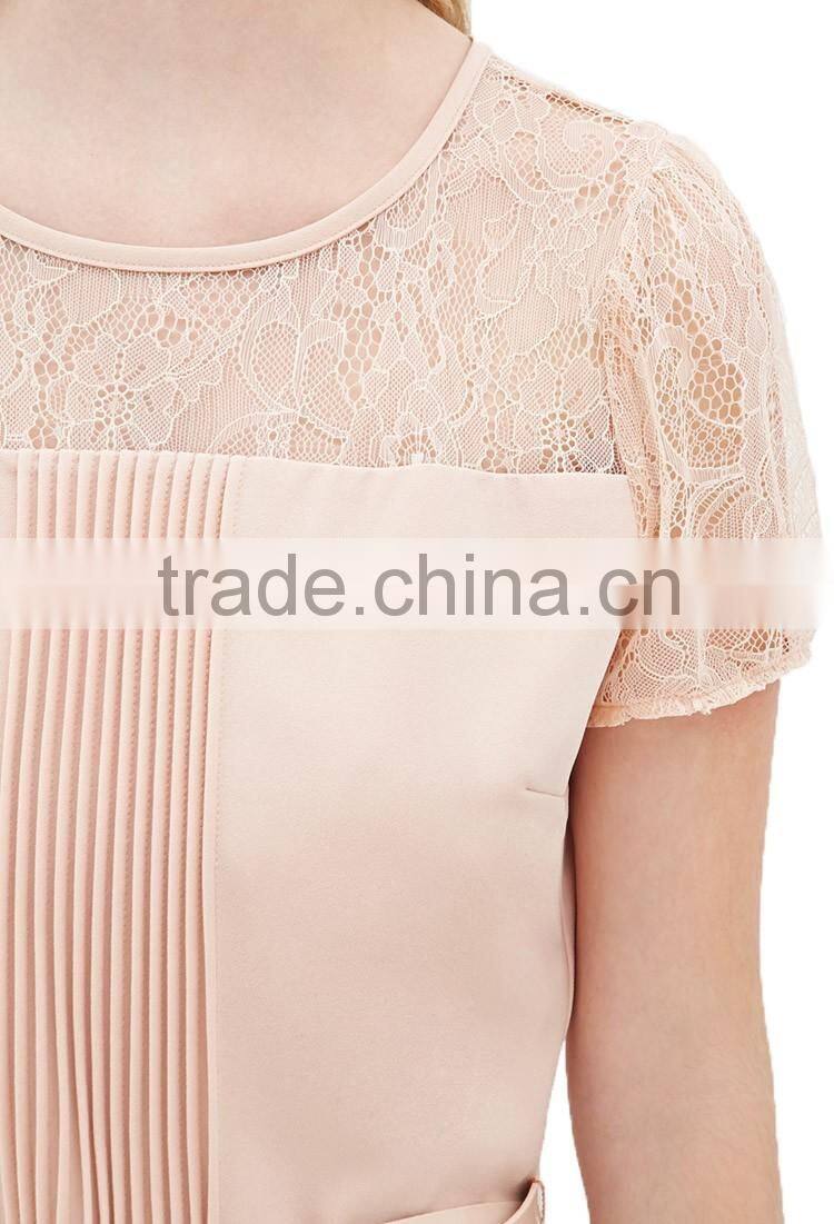 Pink wrinkled round neckline short sleeve belt waist short jumpsuit