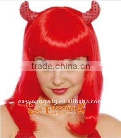 Wholesale cheap long red horn synthetic hair party wigs, cosplay witch wigs