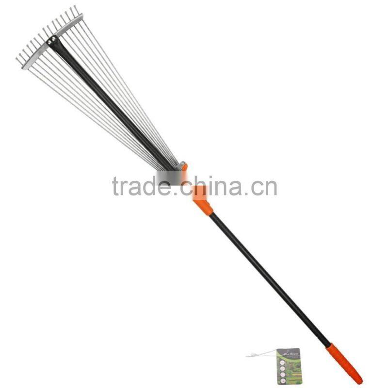 28"-57" Length Telescopic Steel Garden Rake 15 Tine Adjustable Garden Leaf Rake with 1pair Work Gloves (Zinc Coated)