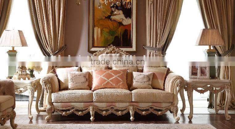 Luxury solid wood home furniture flower carving fabrice sofa set