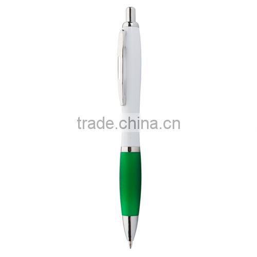 Popular white promotional pen with coloured rubber grip ans shiny chrome parts