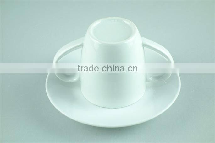 White porcelain cup saucer double handles , stock cups chaozhou factory Sanbo
