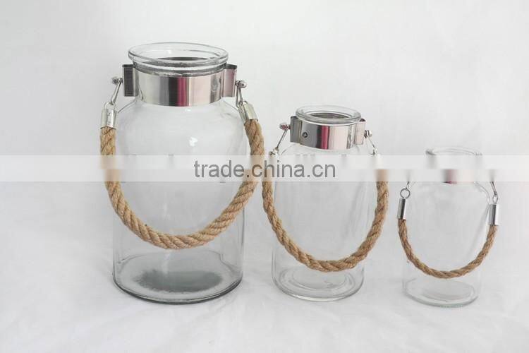 polish pillar glass jar with hemp rope handle
