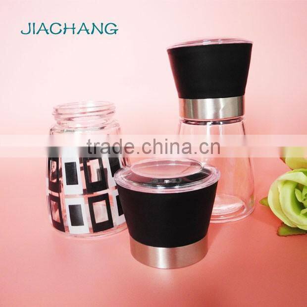 manual slender glass spice grinder jars with black lid
