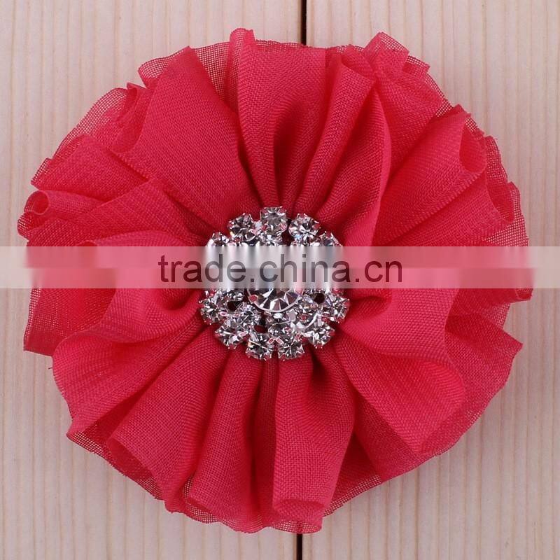 fabric chiffon flower clip with rhinestone center for kids hair accessories