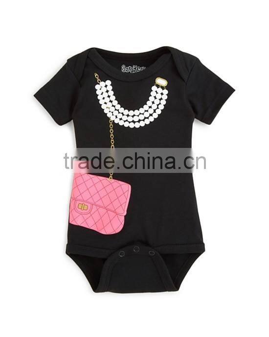 Newborn Baby Clothes Pearl Necklace And Purse Graphic Baby Bodysuit Baby Girls Romper Kids Clothing 2016 HSD5621