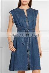 Fashion Ladies Raw Cut Frayed Hem Denim Jeans Fabric Girls Mini Dress With Front Lace-Up Details With Details 2016 HSD5819