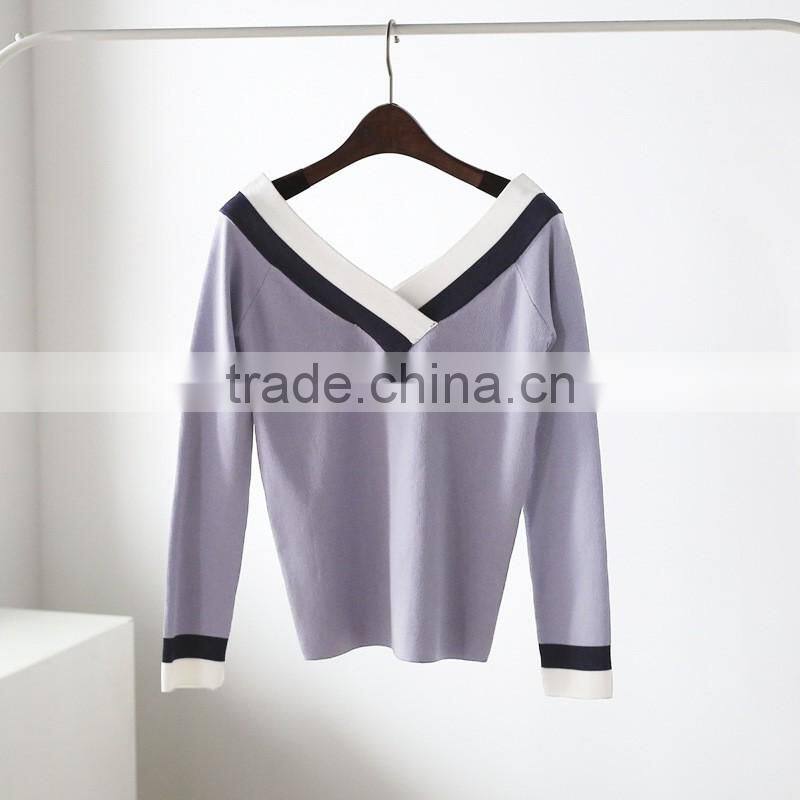 2017 fashion woman sweater V-neck loose pullover sweater cheap woman sweater