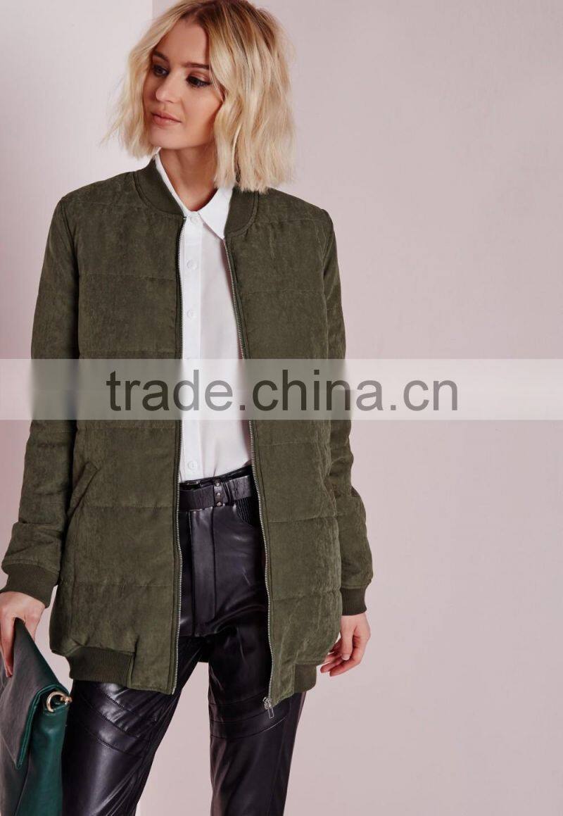 wholesale ribbed collar women winter longline khaki padded bomber jacket
