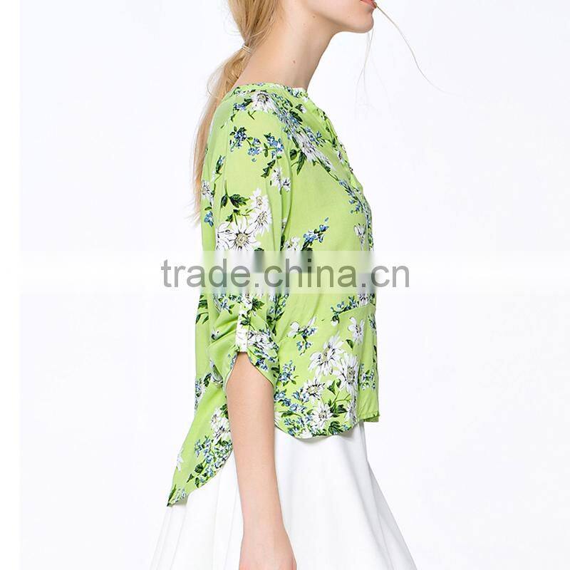 lady's new summer fashionable printed V neck design long sleeve models short sleeve blouse