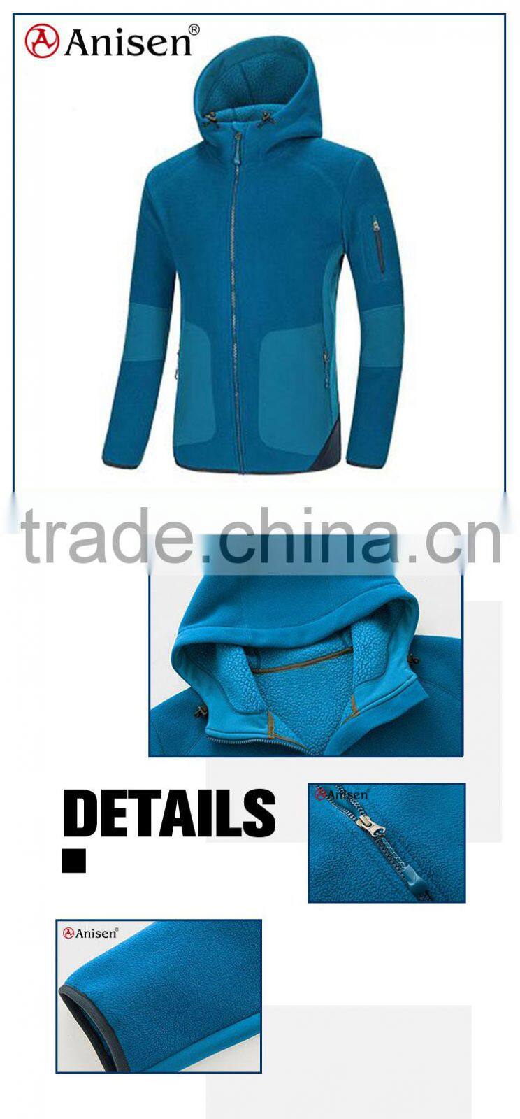 apparel manufacturer sport wear calamine blue windproof polar fleece with hoodies men's coat