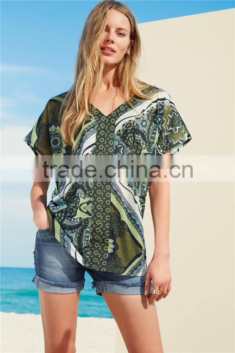 2015 fashion green 60% cotton 40% polyester women v neck t-shirts 60% cotton 40% polyester