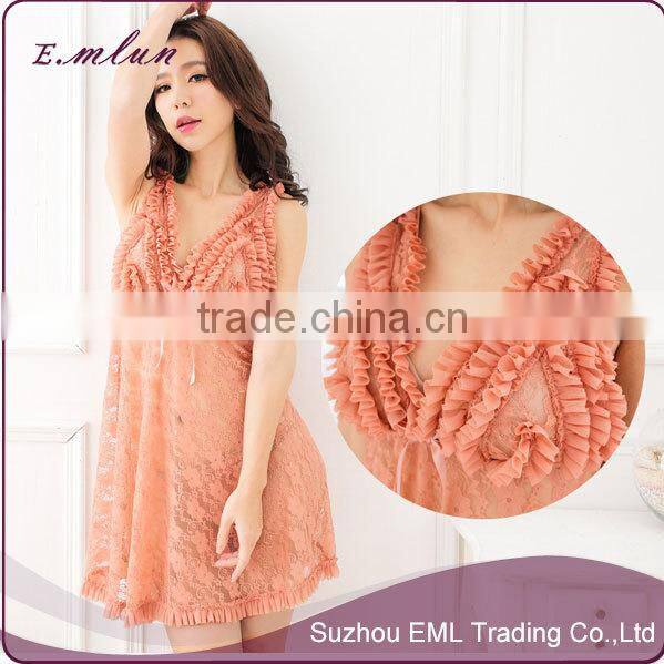 Ladies sexy lace flower transparent intimate sleepwear robe night gown