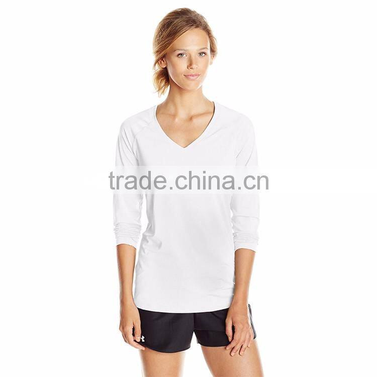 Hot sale cheap v neck women breathable polyester long skin tight long sleeve t shirt