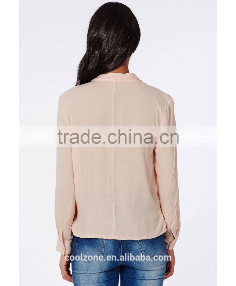 100% Polyester wrap over nude women blouse for middle aged women