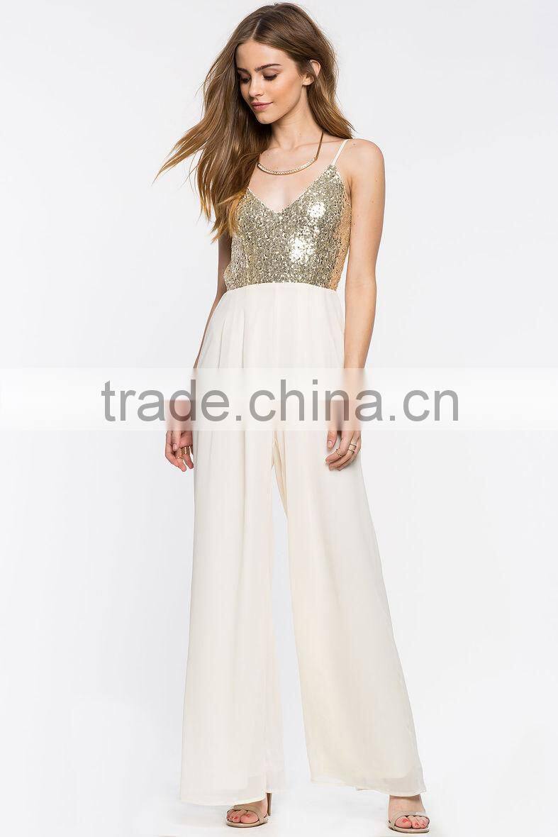 Adjustable strap sequined V neck wide leg jumpsuit women clothes