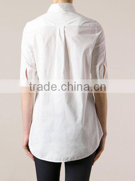 White Cropped Sleeve Design Cotton Office Lady Shirt