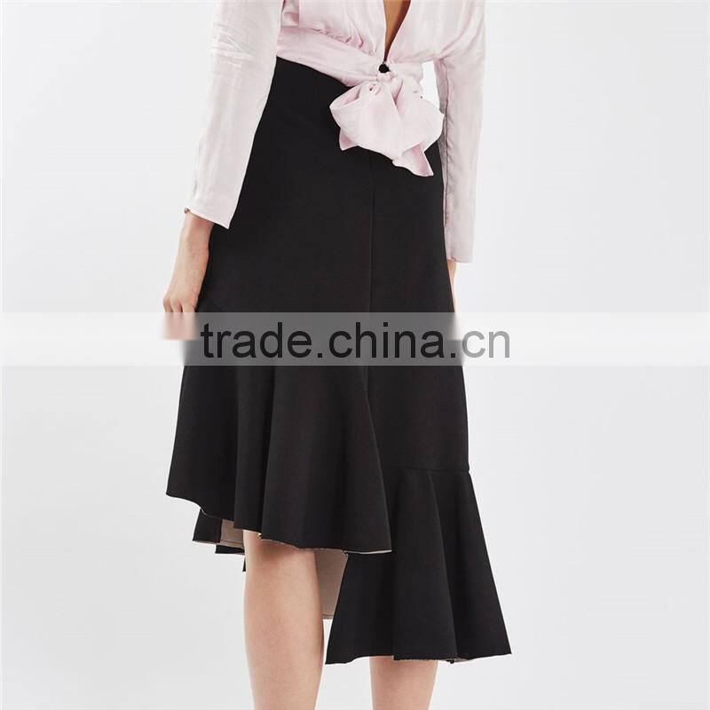2017 OEM Spring Retro Crepe Black Bonded High Waisted Midi Skirt