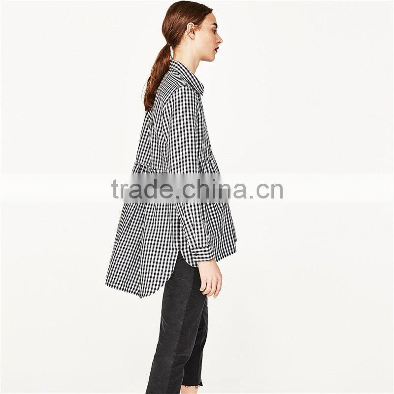 2017 OEM Spring Long Sleeves Babydoll Gingham Shirt with Flounce Uneven Hem