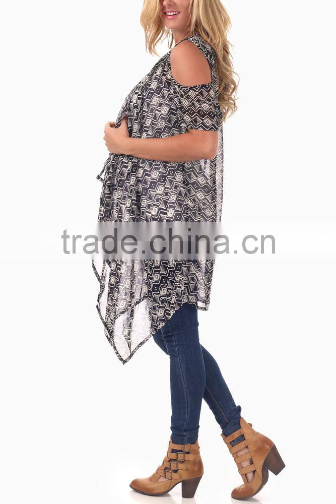 BLACK WHITE TRIBAL OPEN SHOULDER CHIFFON MATERNITY CARDIGAN