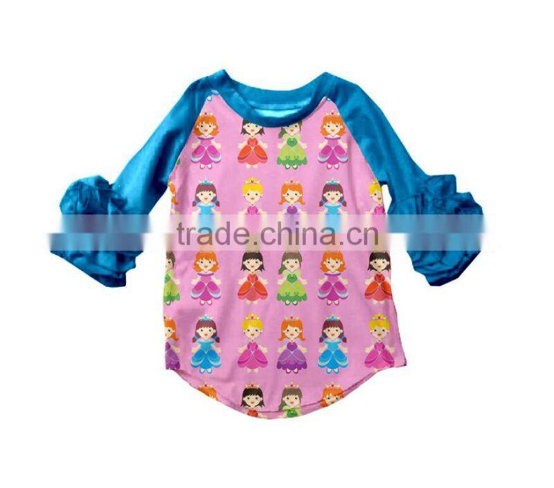 Fall high quality 3/4 sleeve ruffle raglan t shirt baby kids raglan tee custom ruffle sleeve raglan
