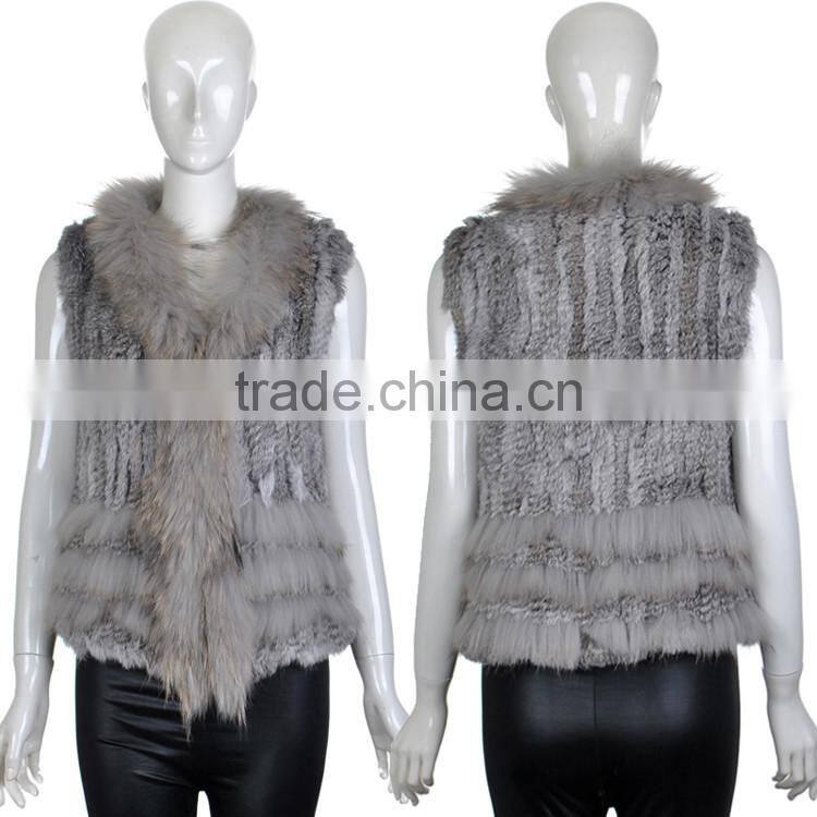 YR243 Knitting Rabbit Fur Vest 1*2 Knit Women Real Raccoon and Rabbit Fur Vest Wholesale OEM