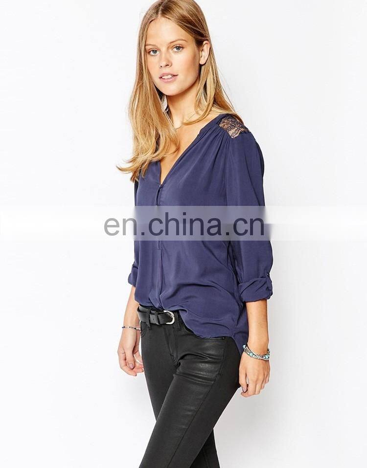 Latest fashion design model simple Lace Insert Blouse