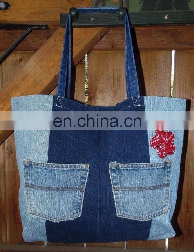 Blue Denim Shoulder Bag Shopper Tote Purse Pockets Heart Patch