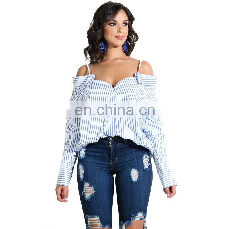 Wholesale custom women sexy through the shoulder strap button-down Stripe casual pleasure long-sleeved shirt women casual home w