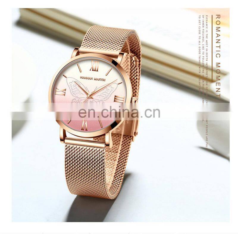 Hannah Martin 13620 Women Watch Luxury 3D Butterfly Rose Gold Mesh Strap Japanese Movement Waterproof Quartz Women Wristwatch