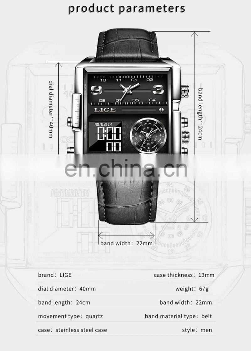 LIGE 8925 Mens Watches Square Digital Sports Quartz Wrist Watch for Men Waterproof wrist watches hands