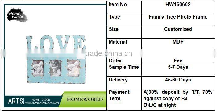 Popular retro decorative light blue MDF family tree love photo frame