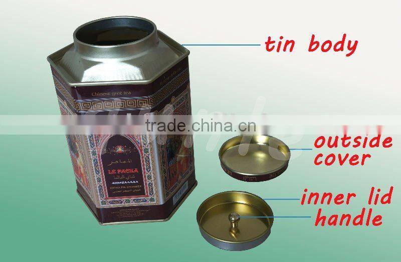 Hexagonal tea packing metal tins box with inner lid