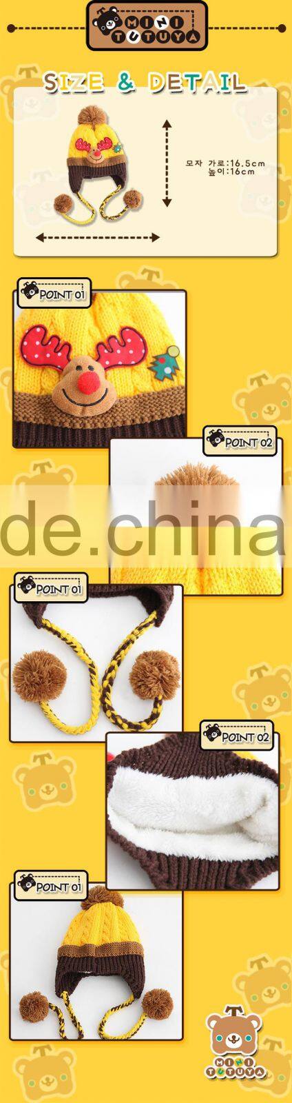 Newest Christmas Tree and Deer Head Applique Pigtail Pom Pom Baby Kids Knitting Winter Caps and Hats