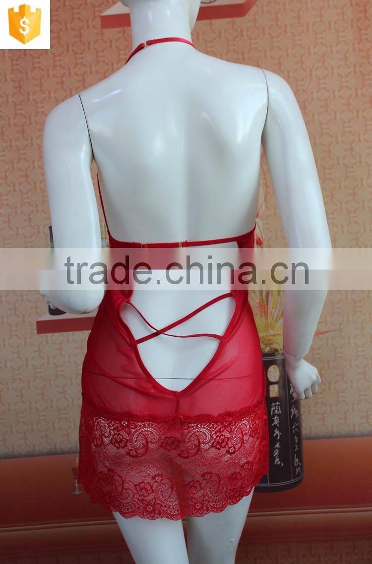 Red sexy lace mature lingerie, transparent sexy women lingerie nighty