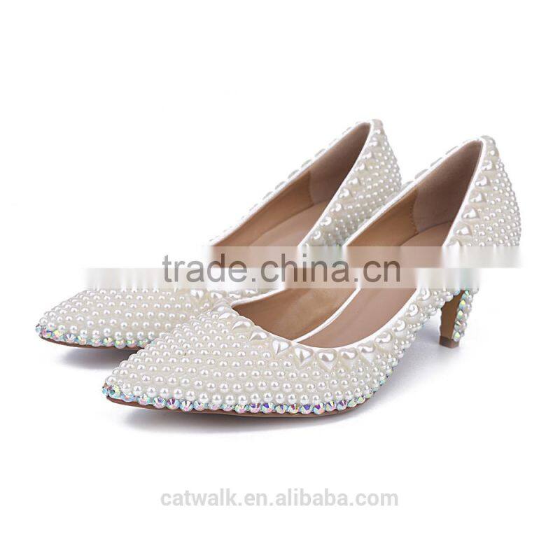 CATWALK15-S0190273 Fashion women luxurious dress shoes handmade peal low heel shoes beautiful women bridal shoes