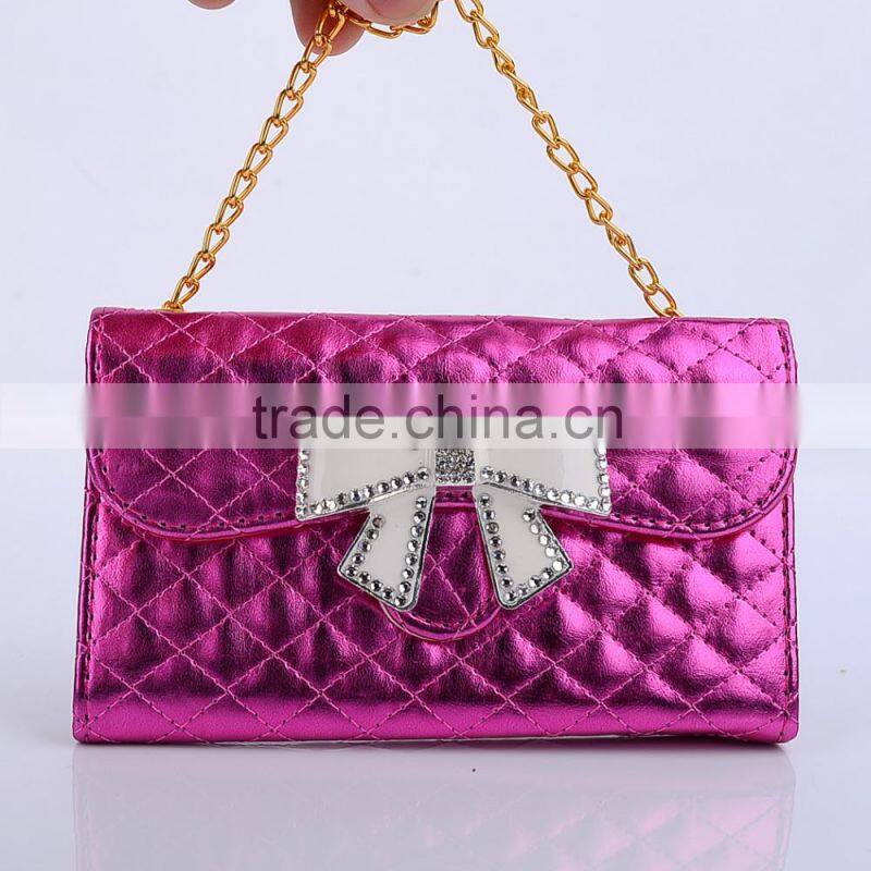 Wallet Design Bright Grid Handbag Magnetic Flip PC PU Leather Case for Samsung Galaxy S6 with Rhinestone Bowknot Buckle