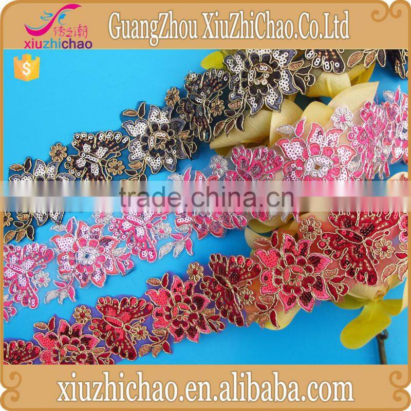 T0447-1 fashion design embroidery sequins border lace trimming for wedding dress