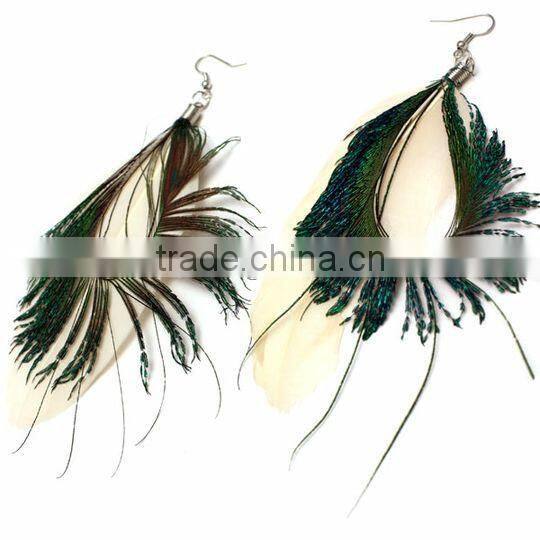 Long natural Peacock feather dangling earrings